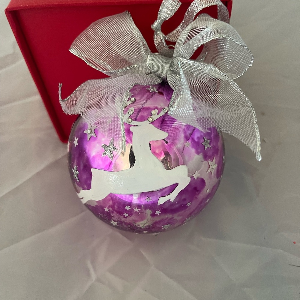 Purple Ornament with Silver Bow and Reindeer Design